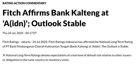 Fitch Pertahankan Rating Bank Kalteng di A(Idn), Outlook Stabil