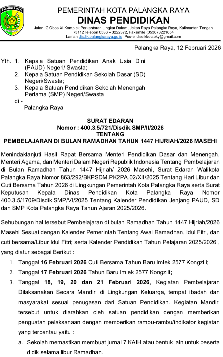 EDARAN DISDIK PALANGKA RAYA-Jam Belajar Dikurangi, Aktivitas Fisik Ditiadakan Selama Ramadan